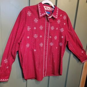 Vintage Karen Scott Red Plaid Embroidered Snowflake Christmas Shirt